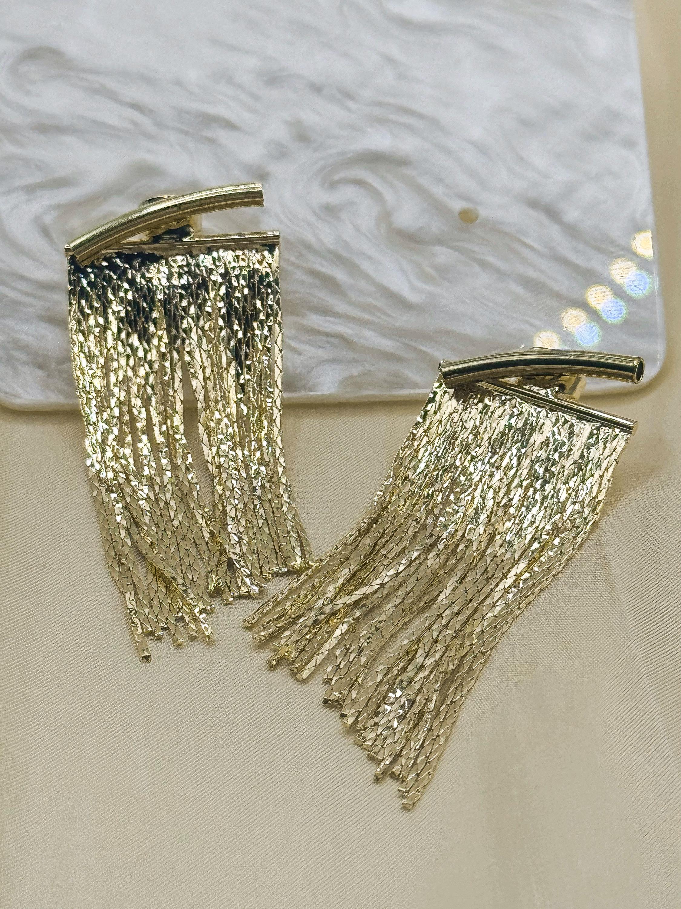 Gold Fringe Statement Earrings Long Textured Dangle Jewelry for Elegant Styling