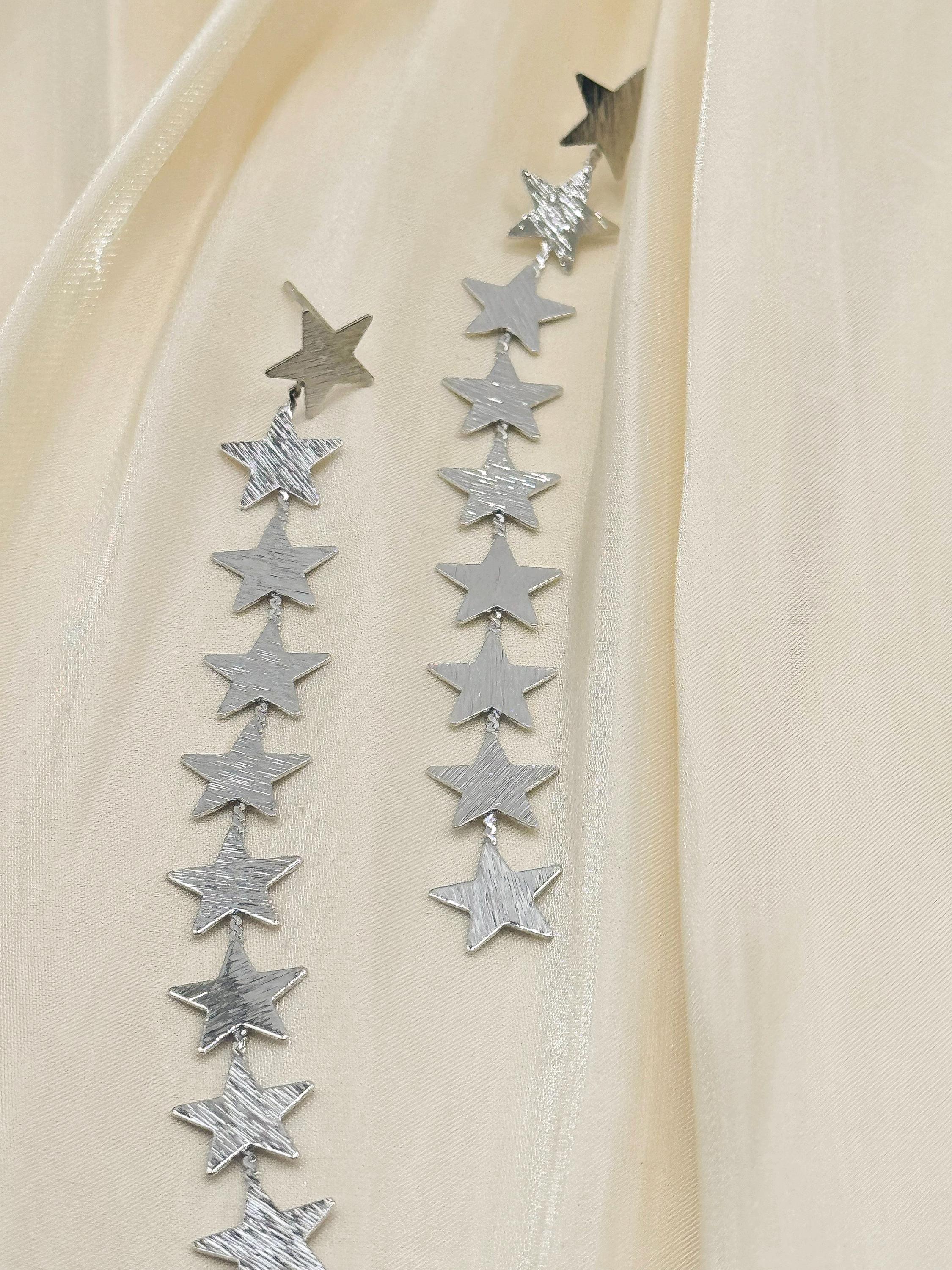 Silver Star Cascade Long Drop Earrings for Celestial Statement Look