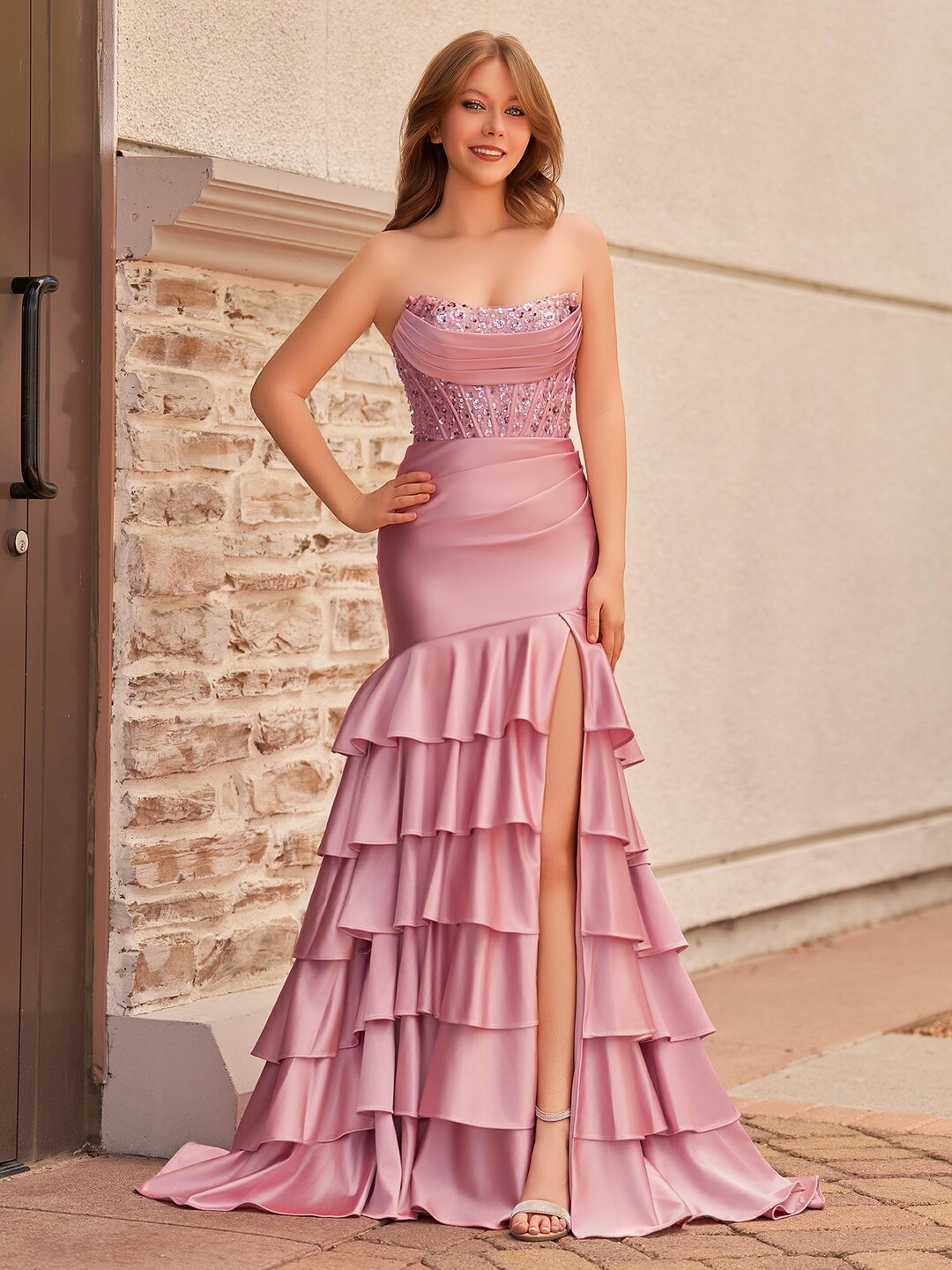 Cute Mermaid Strapless Satin Long Prom Dress with Hot Stone VK25121010