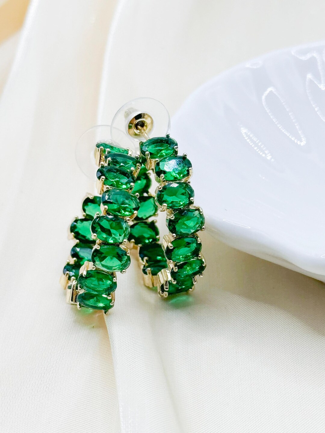 Gold and Emerald Green Hoop Earrings Oval Crystal Statement Jewelry ...