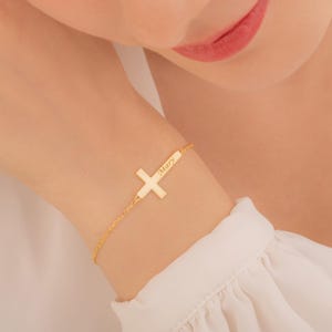 Cross Name Bracelet Silver Cross Bracelet with Name Custom Cross Bracelet Women Baptism Date Gift Girl First Communion Gift Mothers Day Gift