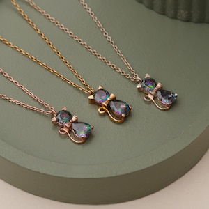Silver Mystic Topaz Cat Necklace for Cat Lover Gift Bridemaids Gifts Mystic Topaz Stone Bow-tied Cat Necklace Gemstone Cat Kitty Pendant