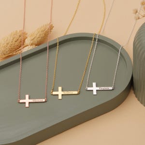 Personalized Sideways Cross Necklace with Name Necklace for Her First Communion Necklace for Girls Gold Baptism Necklace Gold Cross Pendant