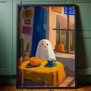 Whimsical Ghost Cafecito Print: Mexican Cafe de Olla Art for Halloween Kitchen Decor