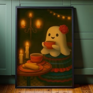 May include: A framed art print featuring a friendly ghost enjoying tea. The ghost is depicted with a red rose and a colorful dress, seated at a table with candles and a plate of food. The artwork has a warm, inviting color palette.