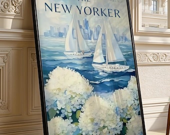 Vintage New Yorker Cover Druck: Küstensegelboot & Hortensien (Digitaler Download)