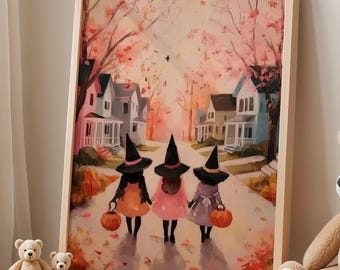 魔女3人組のハロウィンプリント｜ヴィンテージ風子供部屋装飾
