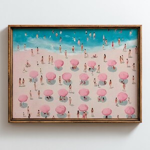 Retro Coastal Beach Art Print: Pastel Pink Ocean Wall Decor for Vintage Bathroom & Bedroom