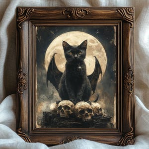 May include: A framed print featuring a black cat with bat wings, perched atop skulls, set against a full moon. The artwork has a gothic theme, with a dark color palette and ornate, dark brown frame.
