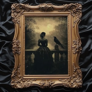 May include: A gold framed artwork featuring a woman in a dark dress and a raven. The artwork is set in a moonlit landscape. The frame has detailed floral and scrollwork. The artwork is displayed against a black satin background.