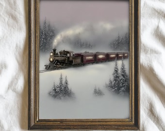 Christmas Train Print, Vintage Steam Engine Snow Forest Wall Art, Polar Express Digital Download