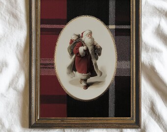 Red Plaid Santa Print, Vintage Christmas Wall Art, Rustic Farmhouse Santa Digital Download