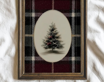 Red Plaid Christmas Tree Print, Vintage Farmhouse Holiday Wall Art, Rustic Plaid Digital Download