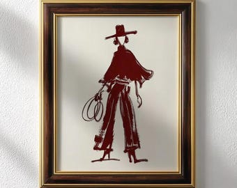 Red Wine Cowgirl Modern Burgundy Print - Editorial Western Wall Art Digital Download