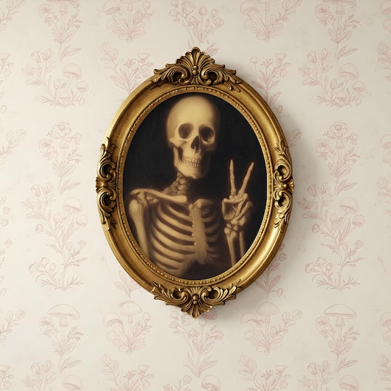 Vintage Skeleton Peace Sign Gothic Wall Art | Dark Academia