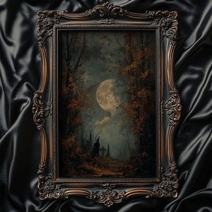 May include: An ornate, dark framed painting depicts a moonlit forest scene with a large full moon. The artwork features a path leading to a silhouette of a figure and spired structures, with autumn-colored trees. The frame has a detailed, vintage design.