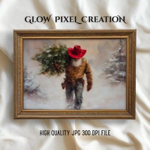 May include: Framed painting of a man in a red cowboy hat carrying a Christmas tree through a snowy landscape. The artwork has a vintage aesthetic with a gold-colored frame. The text "GLOW PIXEL CREATION" and "HIGH QUALITY JPG 300 DPI FILE" are visible.