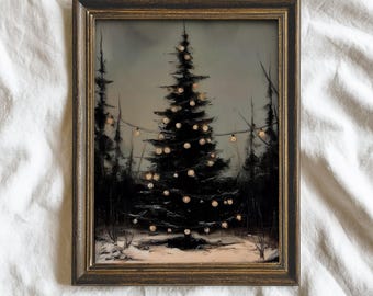 Moody Christmas Tree Print: Dark Academia Holiday Art, Nostalgic Winter Festive Wall Decor Printable
