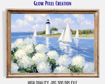 Nantucket Lighthouse Print, Coastal Hydrangea Sailboat Wall Art, New England Beach House Digital Download