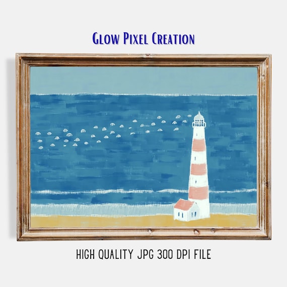 ミニマリストの沿岸灯台の絵画：ビーチハウスの壁アート、海のプリント