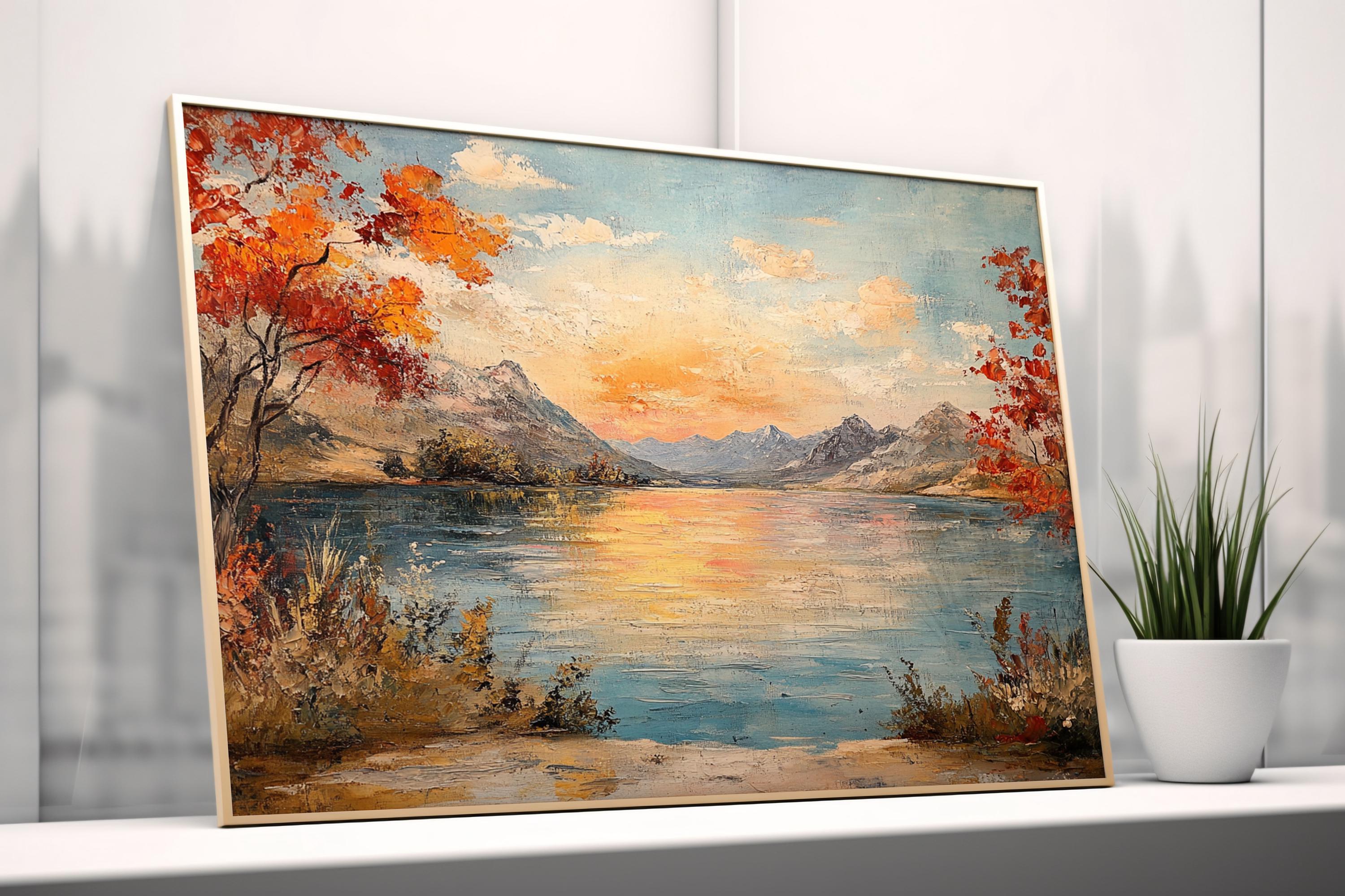 ヴィンテージの秋の湖の油絵：素朴な秋の夕焼けの風景（デジタル