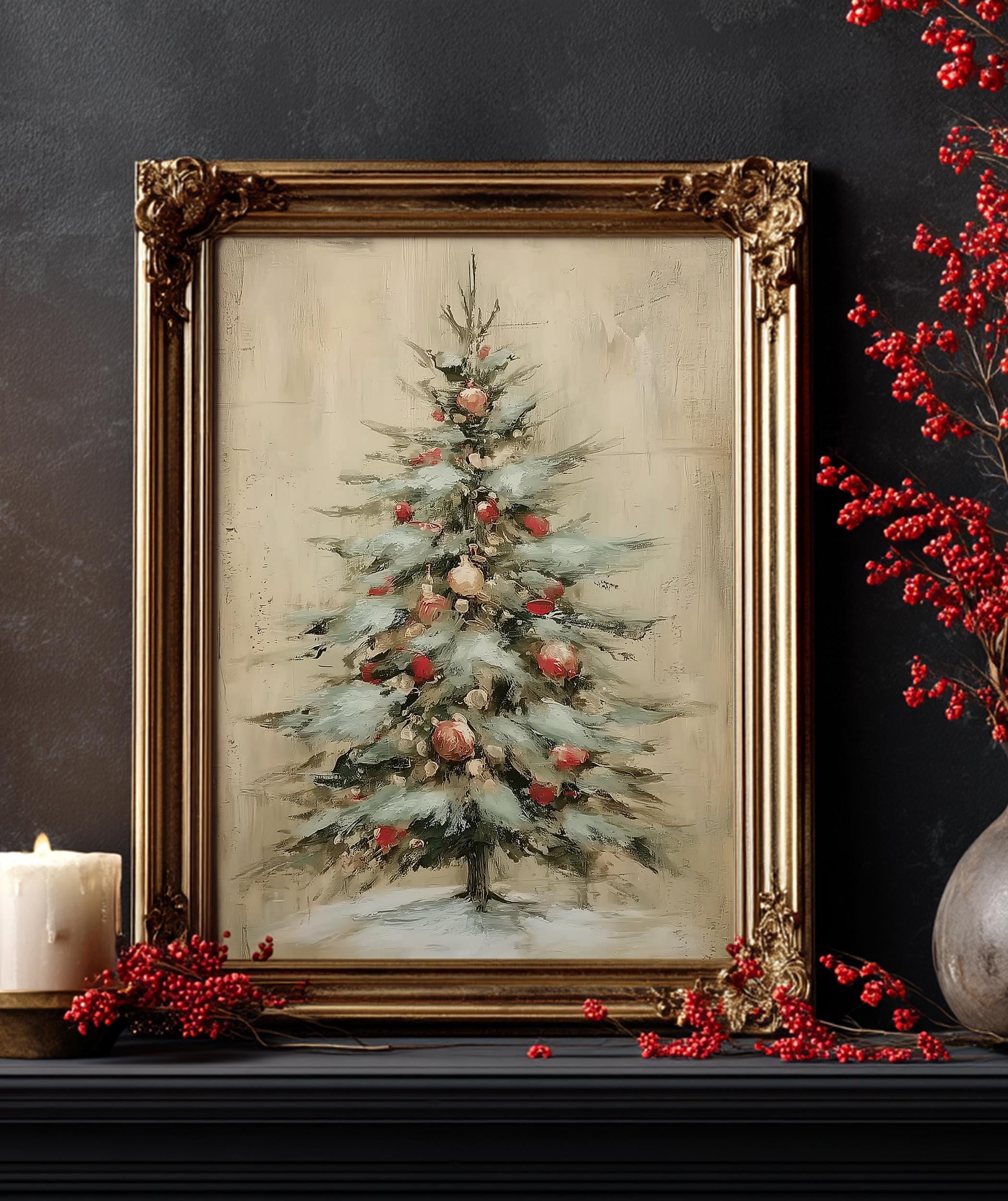 Vintage Christmas Tree Winter Art Print - Rustic Holiday Wall Decor ...