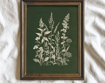 Dark Green Floral Botanical Wall Art Print | Printable Cottagecore Living Room Decor | Digital Download