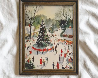 Winter Town Square Christmas Art Print - Festive Holiday Scene Wall Decor Painting