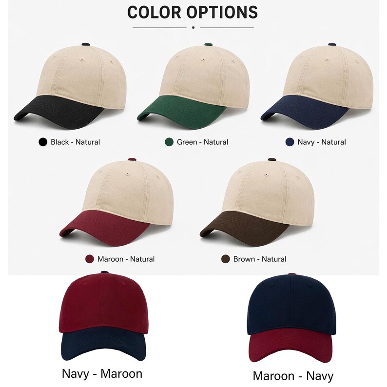 K&ouml;nnte beinhalten: Eine Sammlung von sieben Baseballkappen in einer Rasteransicht mit dem Text COLOR OPTIONS oben. Die Kappen zeigen zweifarbige Kombinationen, darunter naturfarbene beigefarbene Kronen mit schwarzen, gr&uuml;nen, marineblauen, kastanienbraunen oder braunen Schirmen.