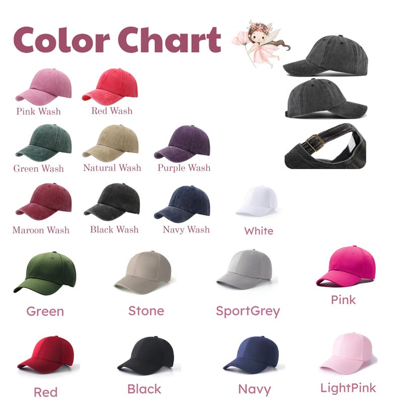 K&ouml;nnte beinhalten: Eine Farbkarte mit verschiedenen Baseballkappen in zahlreichen Farbt&ouml;nen, darunter Pink Wash, Red Wash, Green Wash, Natural Wash, Purple Wash, Maroon Wash, Black Wash, Navy Wash, Wei&szlig;, Gr&uuml;n, Stein, Sportgrau, Pink, Rot, Schwarz, Marineblau und Hellrosa.