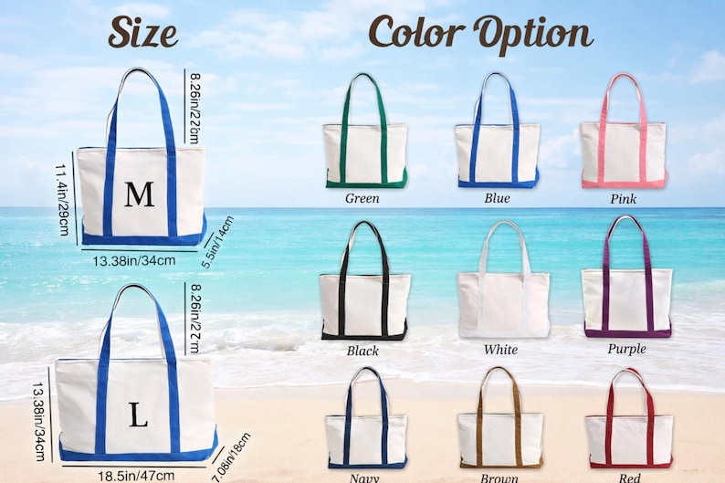 K&ouml;nnte beinhalten: Wei&szlig;e Canvas-Tragetaschen mit verschiedenen Farbakzenten, darunter Gr&uuml;n, Blau, Pink, Schwarz, Wei&szlig;, Lila, Marine, Braun und Rot. Die Taschen sind in zwei Gr&ouml;&szlig;en erh&auml;ltlich, die gr&ouml;&szlig;ere Tasche ist 47 cm breit und 34 cm hoch.