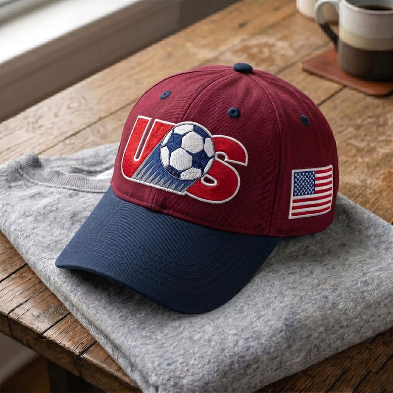 K&ouml;nnte beinhalten: Eine kastanienbraune Baseballkappe mit marineblauem Schirm. Die Vorderseite zeigt eine Stickerei mit den Buchstaben US in Rot und einem Fu&szlig;ball in der Mitte. Eine kleine gestickte amerikanische Flagge befindet sich an der Seite der Kappe.