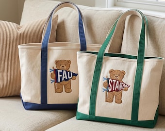 Custom College Tote Bag, Embroidered Teddy Bear Tote, Personalized University Bag, Canvas Tote Gift For Her, School Spirit Bag