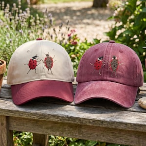 Embroidered Minimalist Ladybug Club Hat, Cute Bug Embroidered Cap, Dancing Lady Bugs Baseball Hat, Nature Lover Gift, Garden Aesthetic Hat