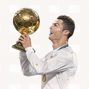 Clipart PNG del Pallone d'Oro di Cristiano Ronaldo, Trofeo di calcio in acquerello, Download digitale della stella del calcio, Clipart di CR7, Regalo per gli amanti del calcio