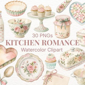 Puede incluir: Conjunto de imágenes prediseñadas de acuarela con varios artículos de cocina. Incluye un rodillo, un molde para pastel, cupcakes en un soporte, un cuenco con rosas, un tarro, un plato en forma de corazón, un plato, una mantequera y un colador. El texto "Kitchen Romance" también es visible.
