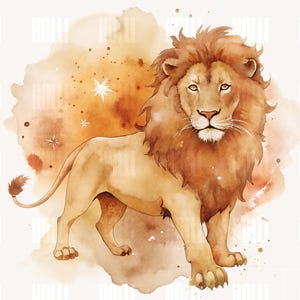 Leo Zodiac Sign Clipart PNG – Watercolor Lion Illustration, Celestial Astrology Art
