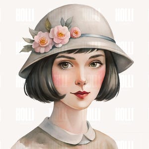 Vintage Lady Portrait PNG: Watercolor Clipart with Floral Hat (Digital Download)
