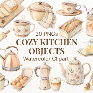 Cozy Kitchen Clipart PNG Objects Warm Homey Cooking Elements, Vintage Watercolor Bundle 004