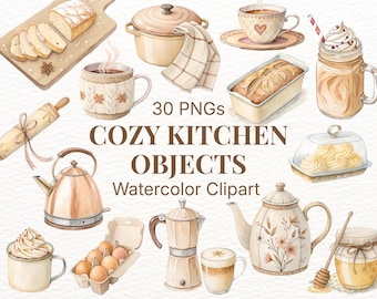 Cozy Kitchen Clipart PNG Objects Warm Homey Cooking Elements, Vintage Watercolor Bundle 004