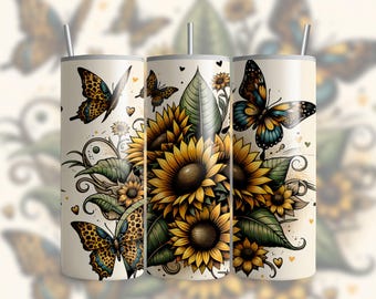 Sunflowers Leopard 20oz Skinny Tumbler Wrap, Floral Sublimation Tumbler Design, Leopard Print Flower Digital Download, DIGITAL ONLY