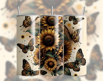 Sunflowers Leopard 20oz Skinny Tumbler Wrap, Floral Sublimation Tumbler Design, Leopard Print Flower Digital Download, DIGITAL ONLY