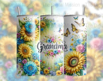 Grandma 20 oz Skinny Tumbler Sublimation Design, Flowers Butterfly Watercolor Floral PNG Straight Tumbler Wrap Download, DIGITAL ONLY