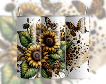 Sunflowers Leopard 20oz Skinny Tumbler Wrap, Floral Sublimation Tumbler Design, Leopard Print Flower Digital Download, DIGITAL ONLY