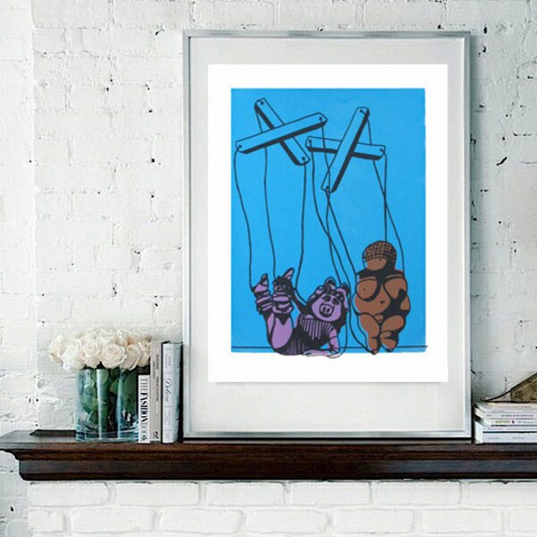ONE LEFT in Stock! Original Blue Miss Piggy Meets The Venus of  Willendorf as a Puppet, 11''x15'' on Rag Paper