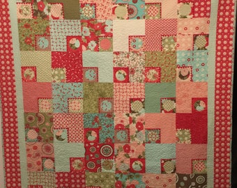 Custom quilted Handmade finished Quilt  Vintage Mode Bliss Fabric by Bonnie and Camille 74 inches by 65 inches