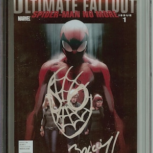 May include: A CGC-graded comic book, Ultimate Fallout #1, featuring Spider-Man. The cover art depicts Spider-Man with figures and a spiderweb design. Signed by Mark Bagley. The grade is 9.4.