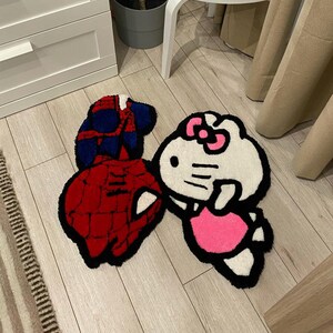 Spider-Man Hello Kitty Rug – Tufted Cartoon Mashup Carpet – Geeky Room Decor – Unique Pop Culture Gift