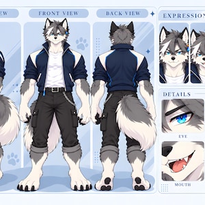 May include: A character reference sheet featuring an anthropomorphic wolf with grey and white fur, blue eyes, and a blue earring. The character wears a navy blue jacket, white t-shirt, and black cargo pants with a silver chain. Includes side, front, and back views, facial expressions, and close-up details of the eye, ear, mouth, and paw.