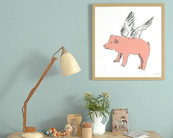 Flying Pig Pink Giclée Animal Print Woodlands Collection